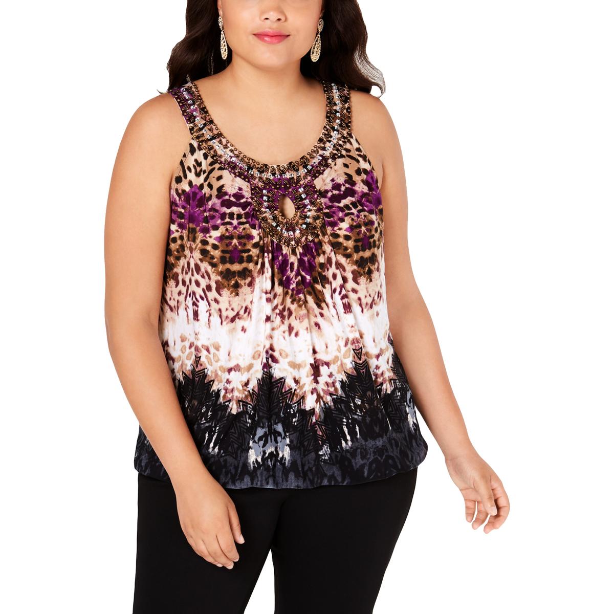 Plus Womens Animal Print Embellished Tank Top