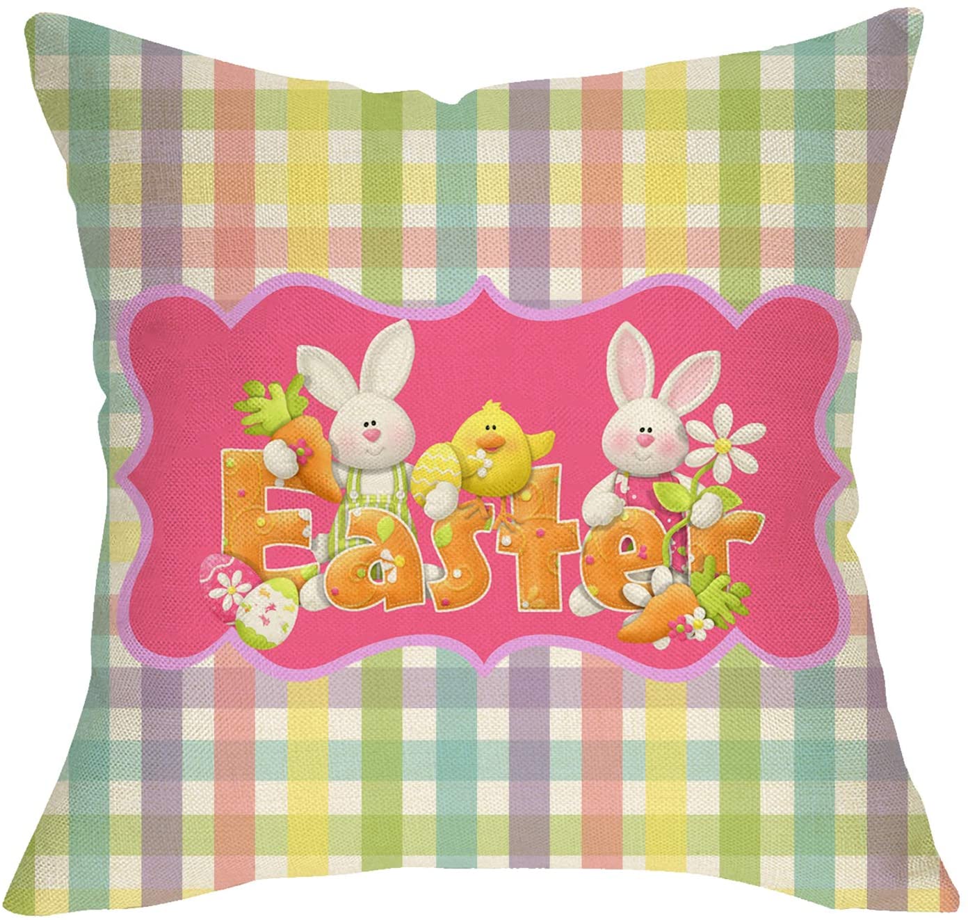 Softxpp Easter Bunny Decorative Throw Pillow Cover, Buffalo Plaid Check Rabbit Sign Cushion Case, Spring Holiday Home Egg Chick Decoration Cotton Linen Pillow