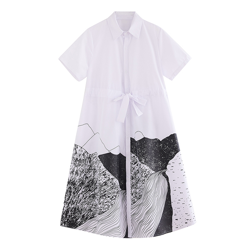 Black Print Pattern Shirt Dress Women Korean Fashion Sash Short Sleeve Casual Loose Vintage Summer Dress Elegant Clothes 2022 alx