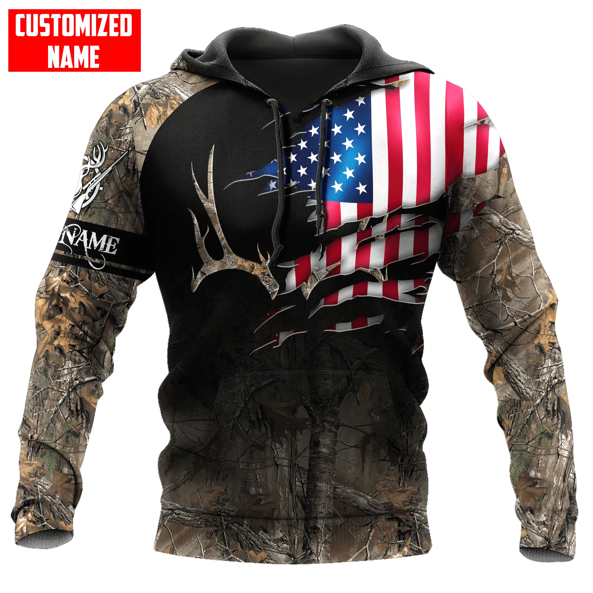 Custom Name American Hunting Hoodie, Deer Hunting Usa Flag Camo Pattern Hoodies