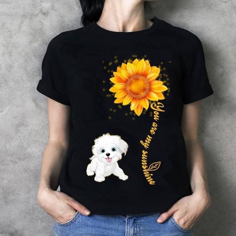 You Are My Sunshine Beautiful Blooming Sunflower Cute Maltese Dog Lovely White Maltese Puppy Adorable Gift For Maltese Dog Lovers Black Men And Women T Shirt S-5Xl