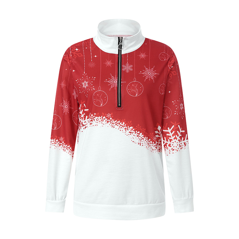 Christmas Ladies Loose Tops, Women Color Matching Snowflake Printing Half Zipper Lapel Long Sleeve Casual Pullover Hoodie alx