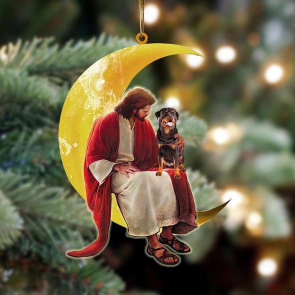 Rottweiler Dog And Jesus Sitting On The Moon Hanging Ornament