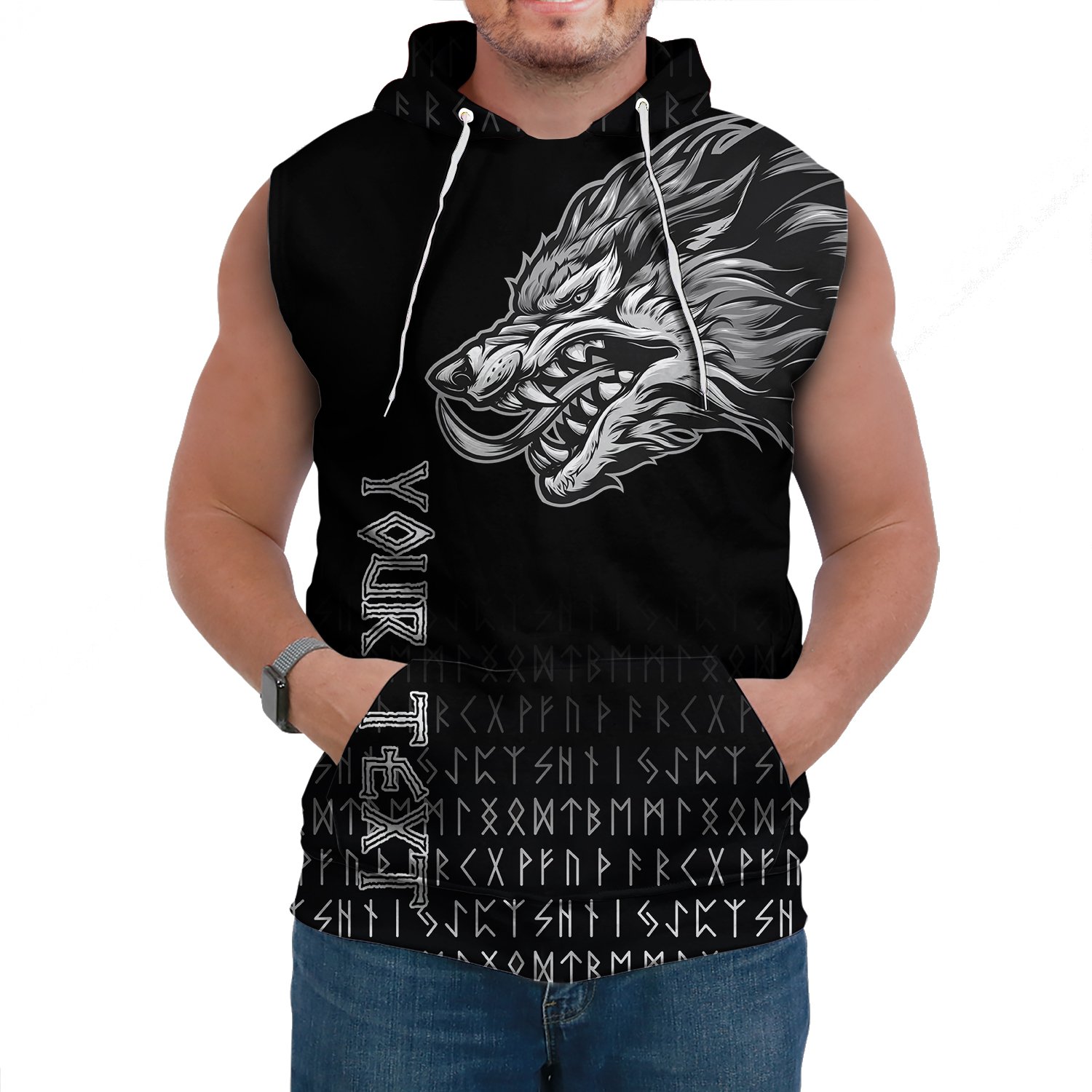 (Custom) Viking Style Sleeveless Hoodie Fenrir Wolf Near Shoulder A27