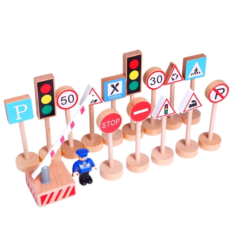 16pcs Wooden Railway Track Accessories Train Toys Parts Wooden Street Traffic Signs Parking Scene Fit All Brand Wood Tracks alx