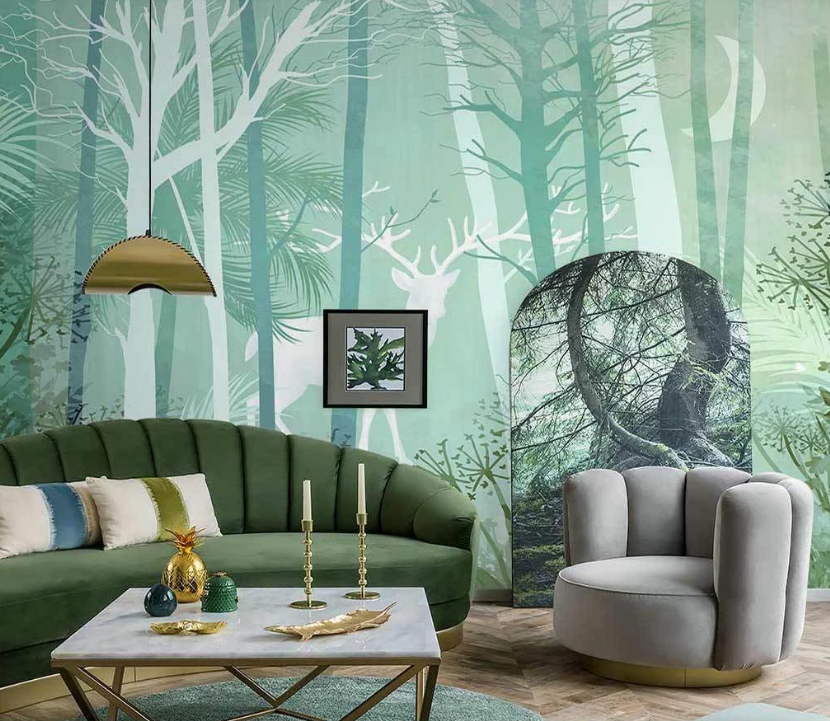 3D Hand Drawn Green Watercolour Leaves Plant Tree  Bucks Animal Background Wall Mural Wallpaper Lxl