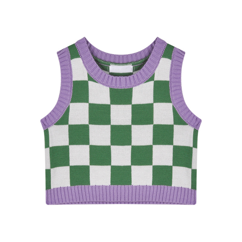 Women’s Sweaters 2021 Checkerboard Print Knitted Sweater Knitted Vest High Street Women’s Vest O-Neck Loose Sweater Vest alx