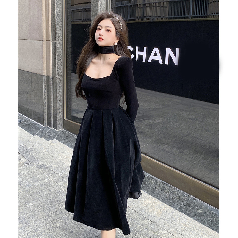 Velvet Elegant Evening Party Midi Dresses Ladies Black France Vintage Dress Women New Winter Korean One-piece Dress Autumn 2021 alx