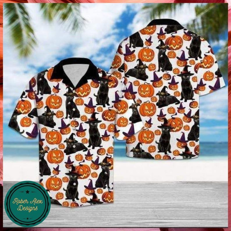 Black Cat Halloween Hawaiian Shirt Hawaiian Ha97311