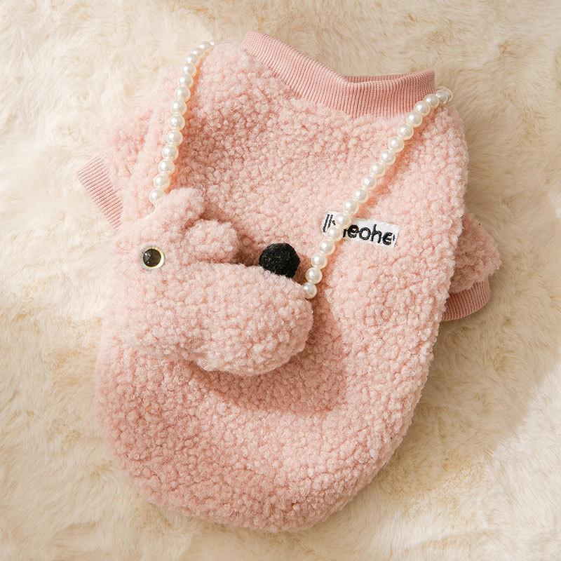 Cute white dog clothes Bunny diagonal decoration dog hoodies pullover Polar fleece warm for puppy Medium Dogs Sweatshirt Teddy alx