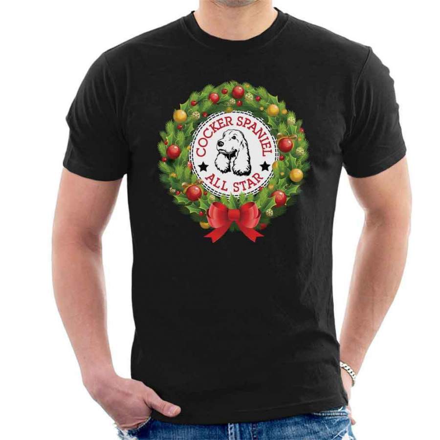 Cocker Spaniel All Star Christmas Wreath Men’s T-Shirt