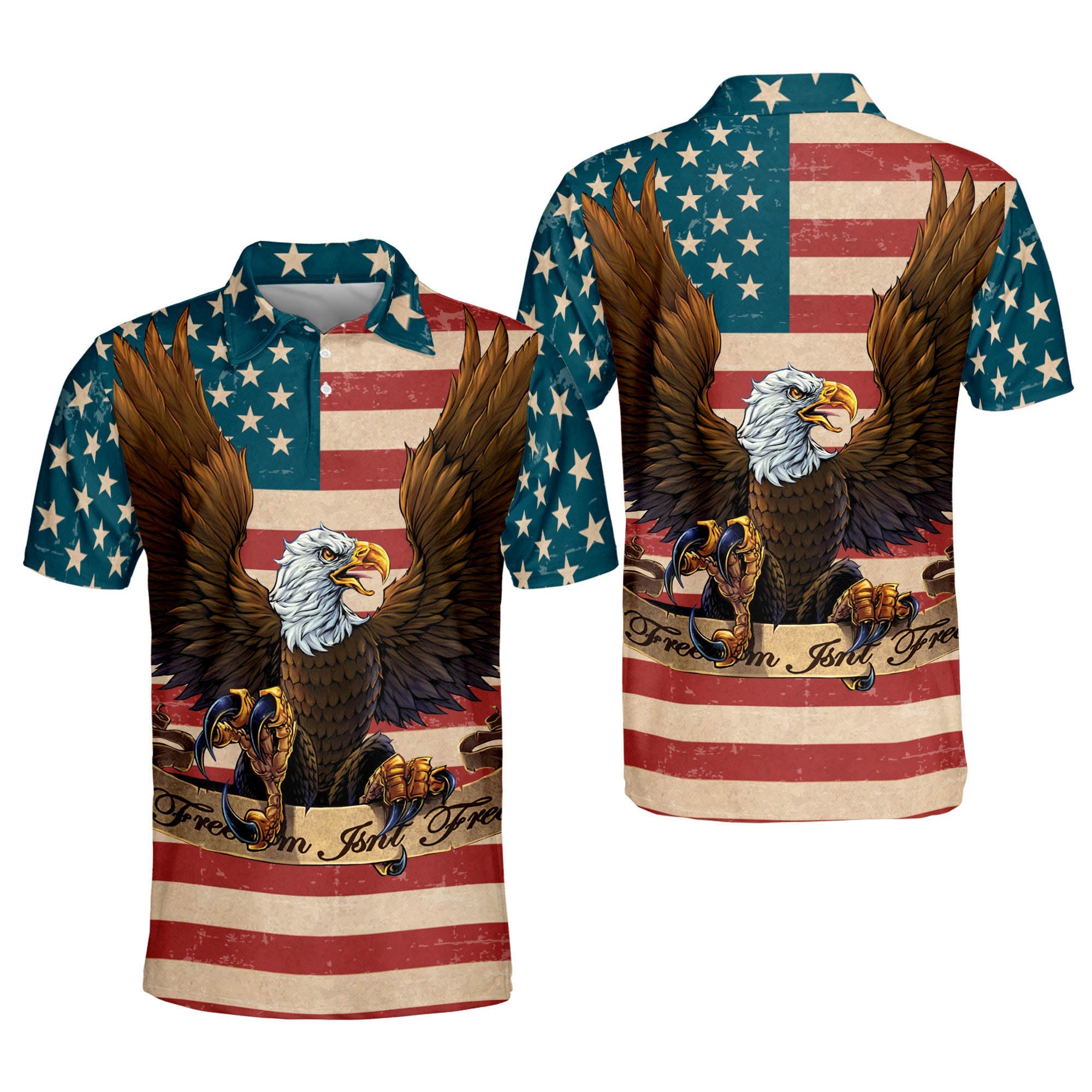 Vintage Freedom Isn’T Free American Flag With Eagle Polo Shirt