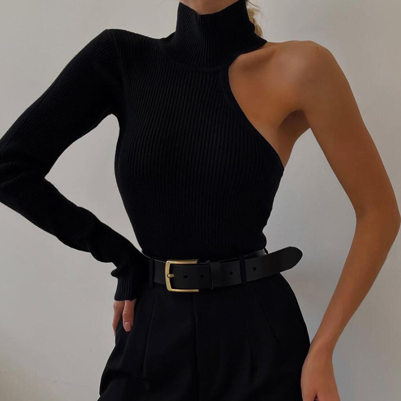 Women Hollow Out Asymmetrical One Shoulder Bodysuit Casual Sexy Fall Turtleneck Streetwear Solid Female Fitness Tops alx