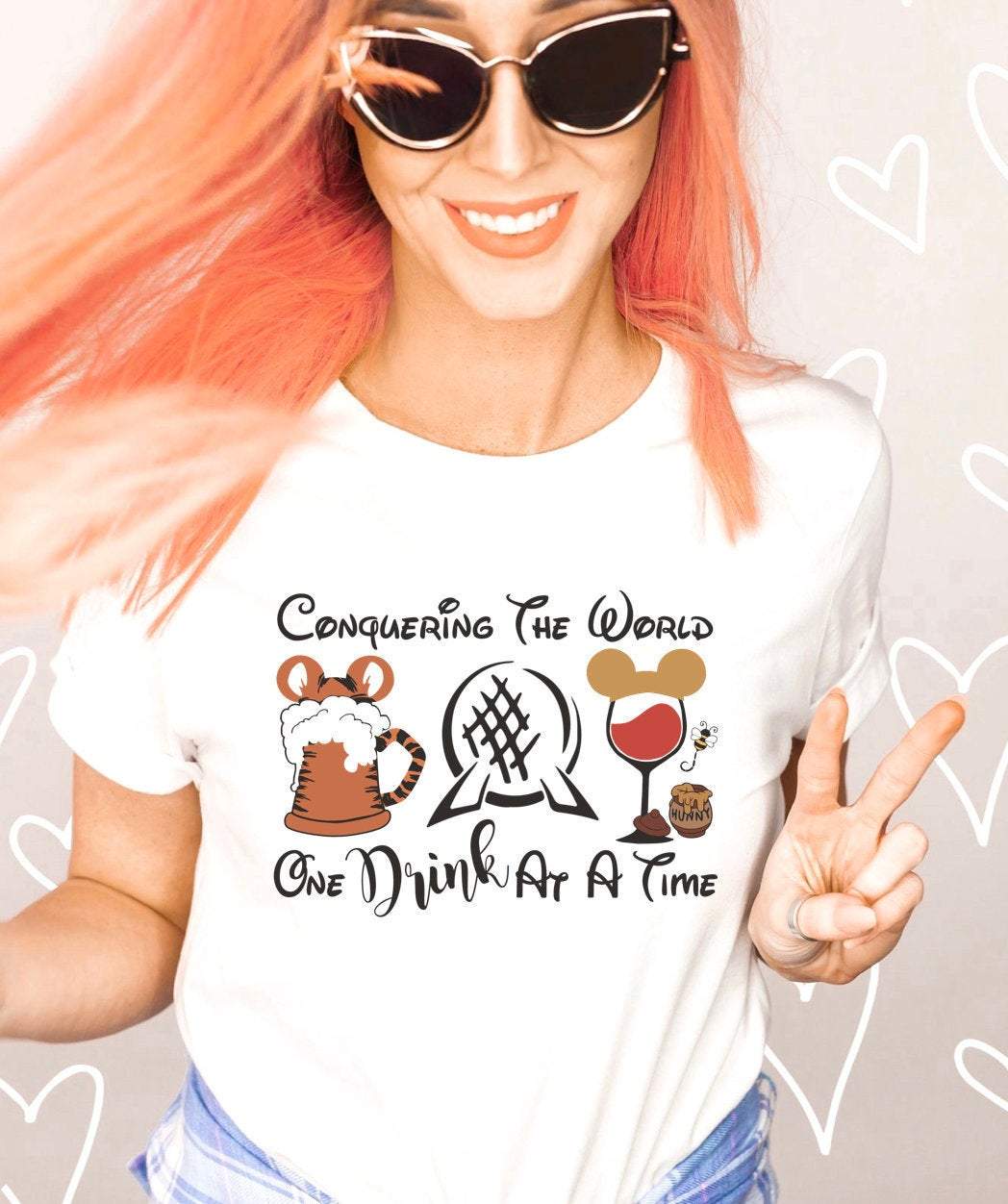 Drink T-Shirt, Wine Lover, Conquering The World, One Drink At A Time, Epcot, Around The World, Food And Wine, Tiger And Pooh, Pooh Shirt, Unisex T-Shirt Hoodie Sweatshirt Size S-5Xl