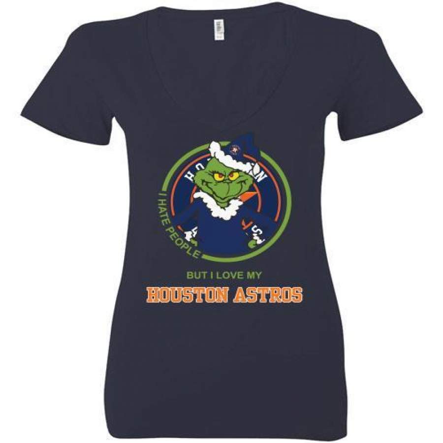 Grinch I Hate People But I Love Houston Astros T-shirt For Baseball Fans Ladies Deep V-Neck