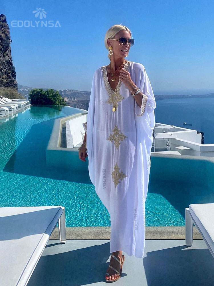 2022 Elegant Gold Embroidered Kaftan Retro V-neck White Dress Plus Size Women Clothes Summer Beach Wear Swim Maxi Dresses Q1373 alx