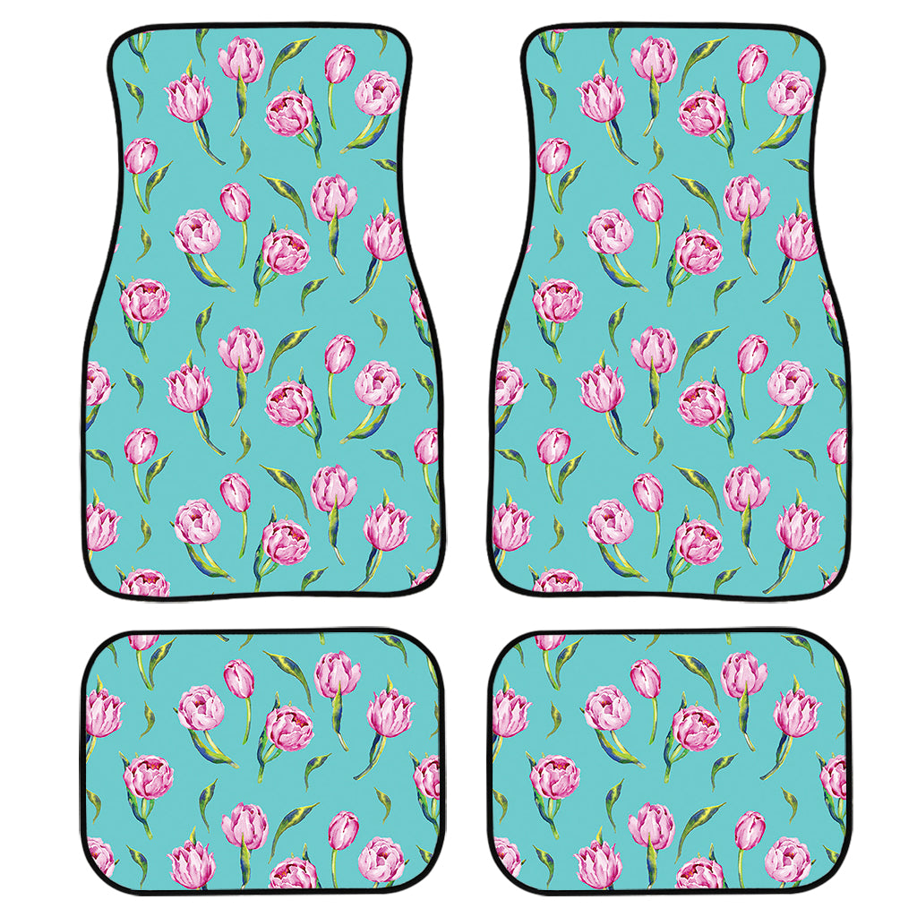 Pink Watercolor Tulip Pattern Print Front And Back Car Floor Mats, Front Car Mat