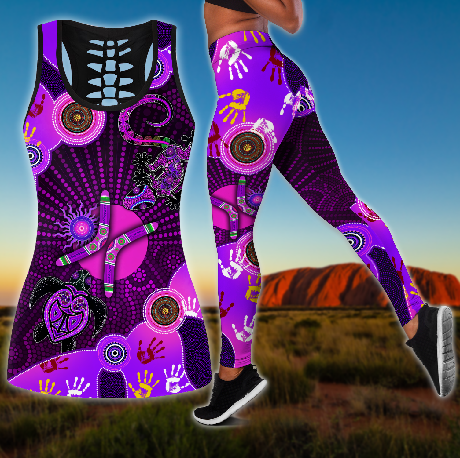 Aboriginal Naidoc Week 2021 Purple Turtle Lizard Sun 3D print combo legging tanktop