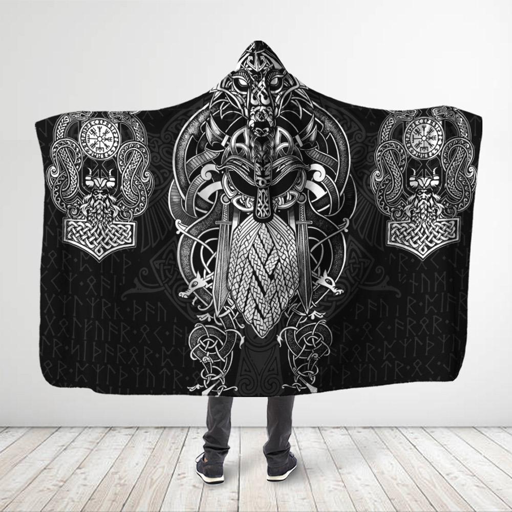 ViticStore™ 3D All Over Printed Silver Symbols Of Viking – Black Hooded Blanket