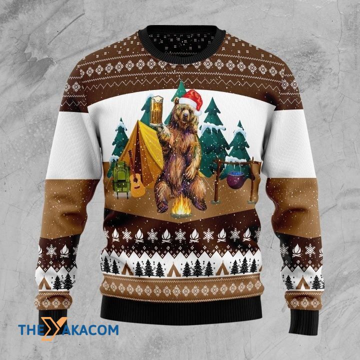 Brown Bear Drinking Beer Camping With Fire Gift For Christmas Ugly Christmas Sweater