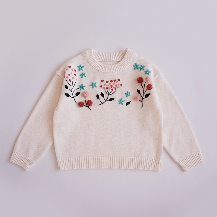 2022 New Autumn Baby Girls Knitted Pullovers Sweaters Embroidery Floral Children Cute Tops Sweater alx