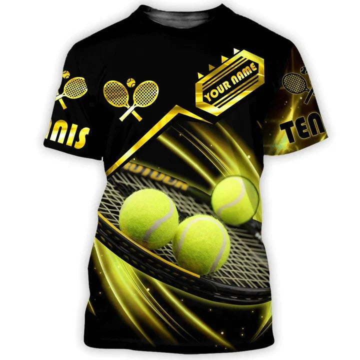 Personalized 3D Tennis T Shirt Black Gold Pattern Tennis Player Shirt, Gift For Tennis Lover Tennis Player