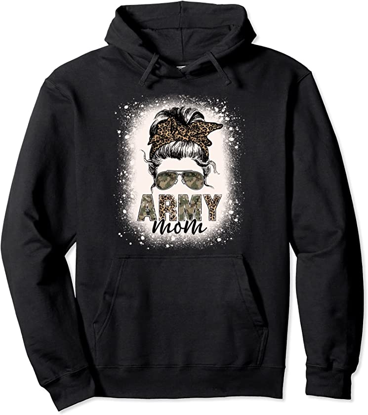 Proud Army Mom Women Leopard Camo Messy Bun Bleached Pullover Hoodie