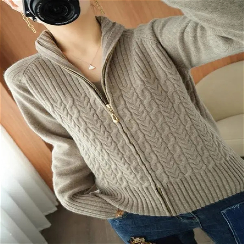 Zipper Knitted Sweater Cardigan Women Stand-Up Collar Loose Cable Solid Knit Sweater Jacket Female Student Tops Autumn Red Pink alx