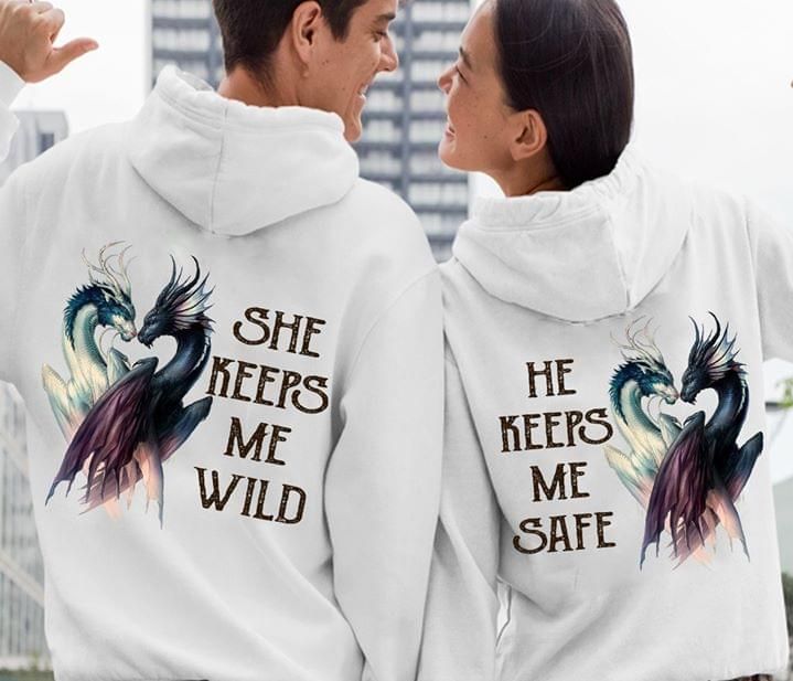 She Keeps Me Wild He Keeps Me Safe Hoodie, Dragon Couple Hoodie, Couple Hoodie, Husband Wife Hoodie, Dragon Hoodie, Unisex Sweater, Sweatshirt