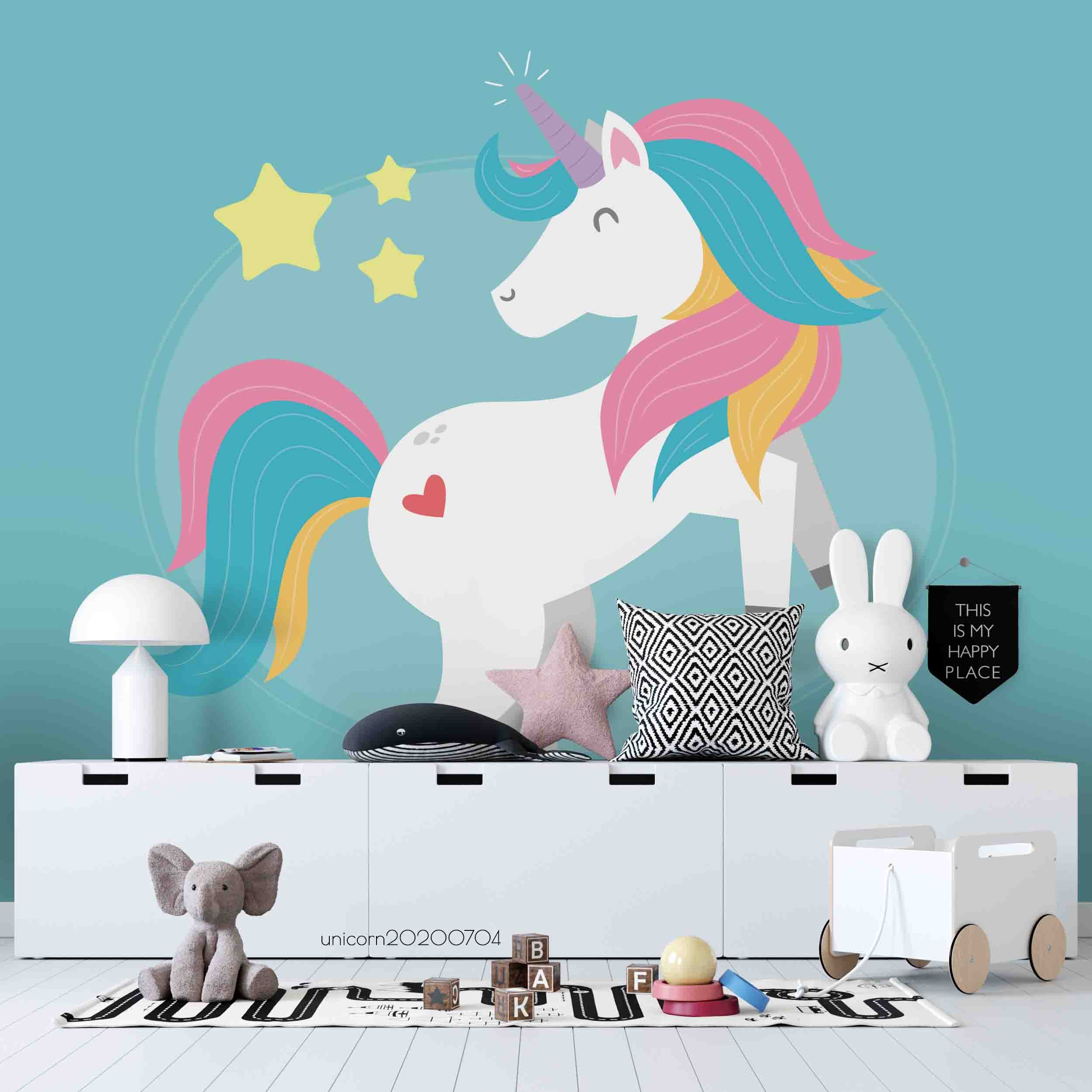 3D Cartoon Green Unicorn Star Wall Mural Wallpaper A016 Lqh