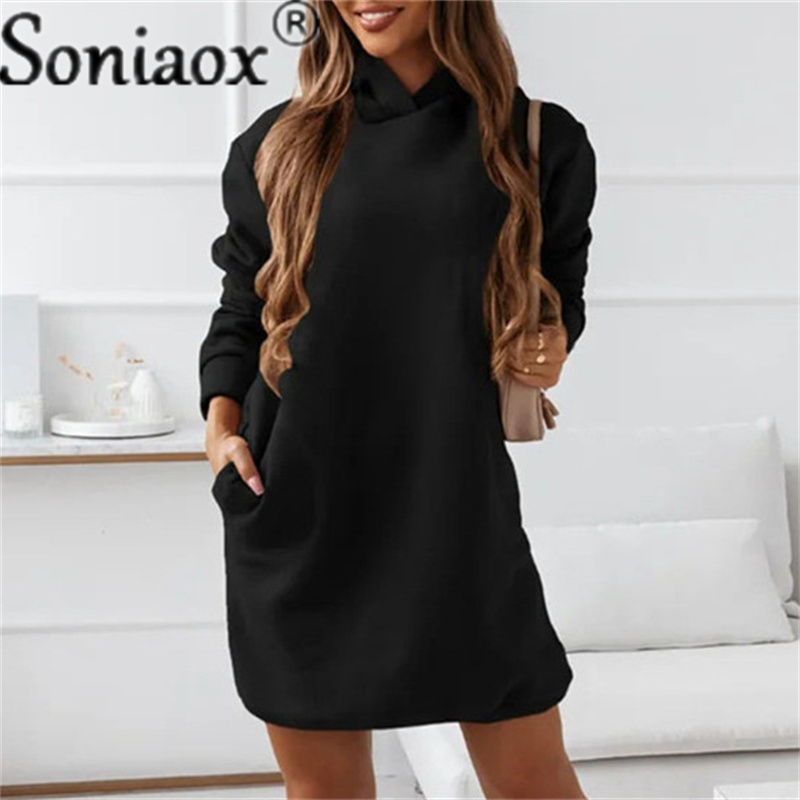 Women Hooded Long Sleeve Sweatshirt Dress Autumn Winter New Solid Casual Loose Straight Fashion Oversize Streetwear Vestidos alx