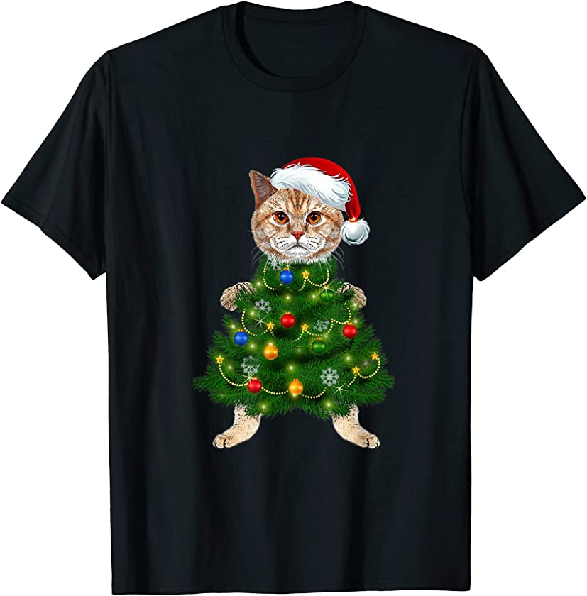 Santa Maine Coon Cat Christmas Tree Light Funny Xmas Kitten T-Shirt