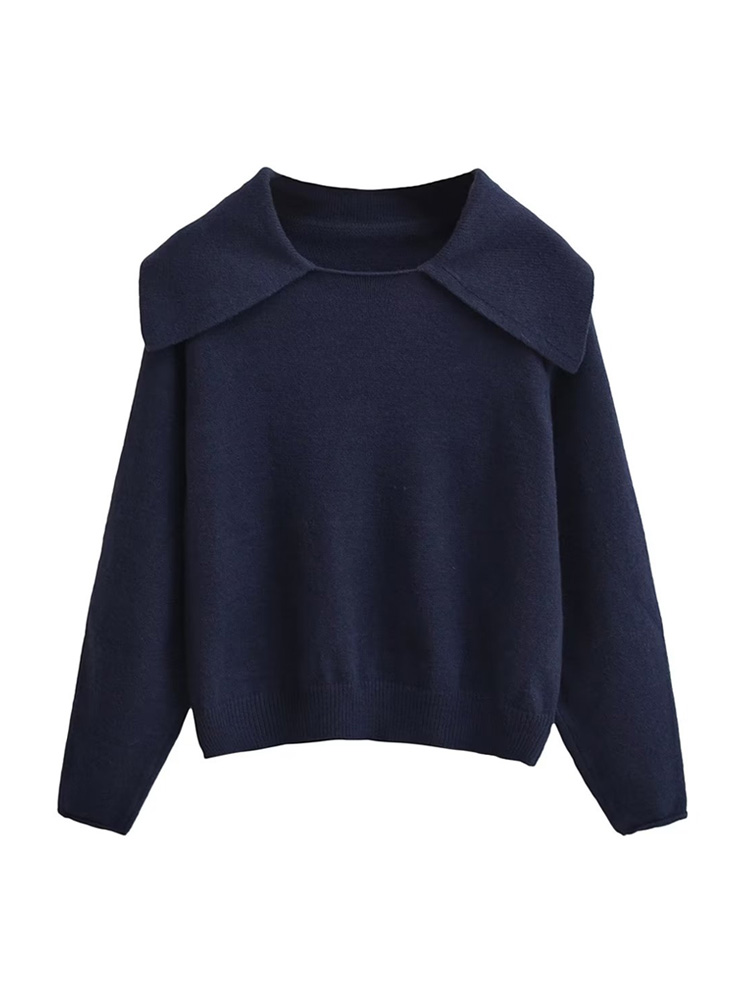 TRAF Women Fashion Polo Collar Knit Sweater Vintage With Round Lapel Long Sleeve Female Pullovers Chic Tops alx