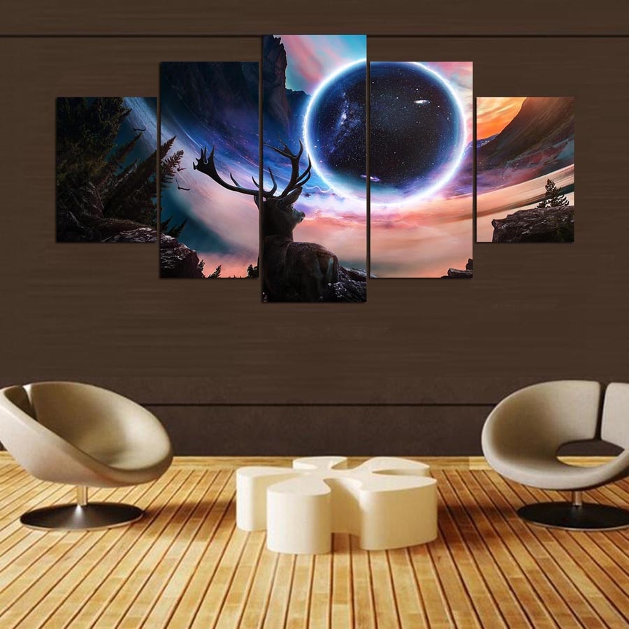 Art Home Decoration Deer And Big Planet Canvas Wall Art Animal 5 Pieces Hd Printed Modern