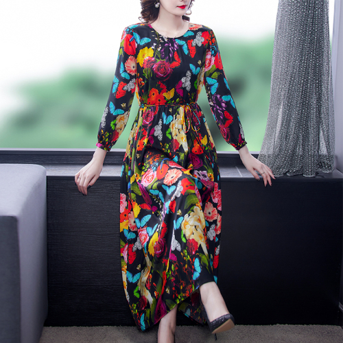 2022 Spring Vintage Loose Midi Women beach Dress Boho Floral Natural Silk Long Sleeve Maxi Dress Elegant Party Evening Vestidos alx