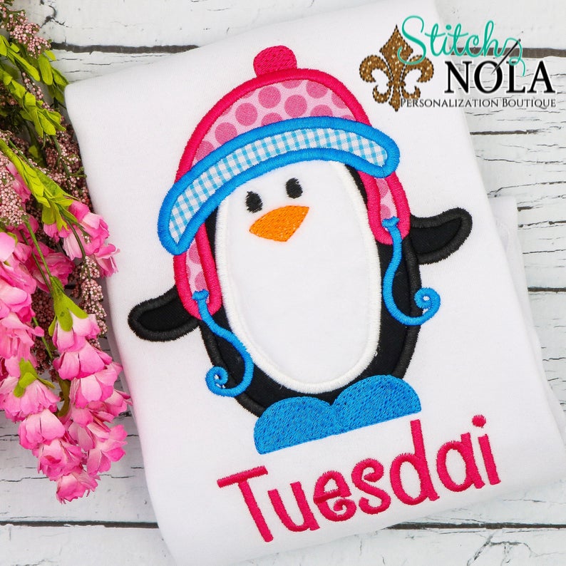 Personalized Christmas Girl Penguin Applique Shirt