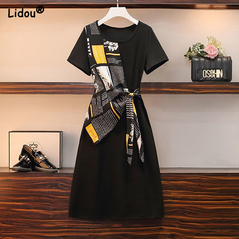 Summer Fashion O-neck Print Patchwork Short Sleeve Dress Casual Elegant Empire Wild Popularity Comfortable Women’s Clothing 2022 alx