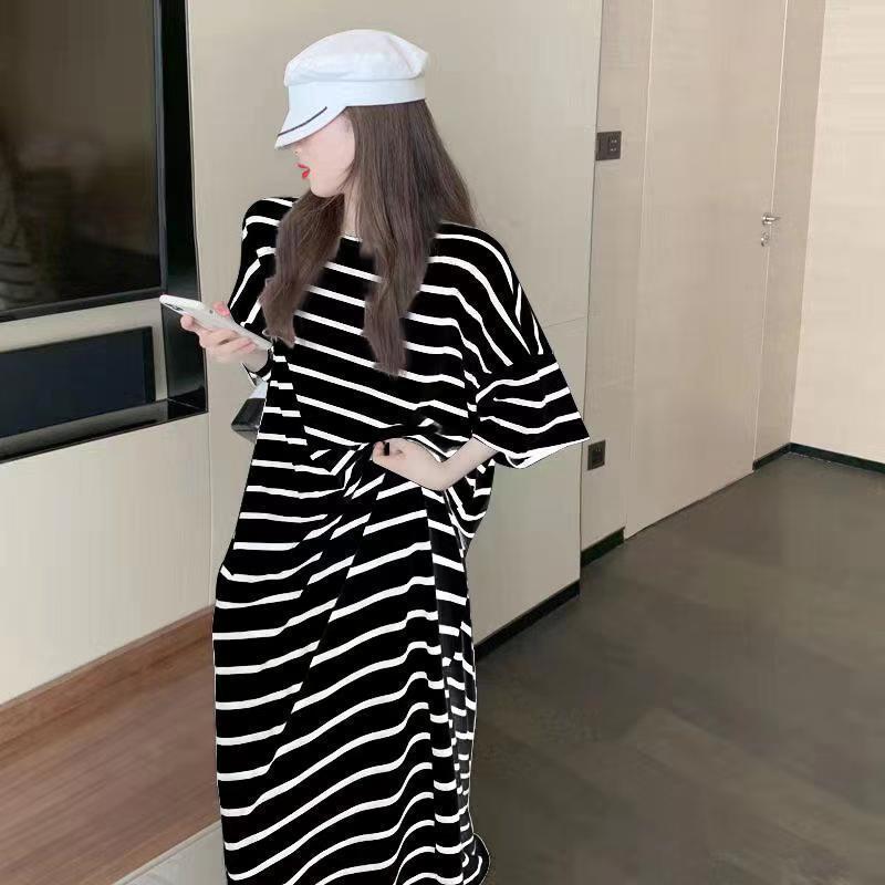 Striped Long T Shirt Nightie For Women Lovely 90s Short Sleeve Night Gown Ladies Fluffy Maxi Sleeping Gowns Dress Women Nighties alx