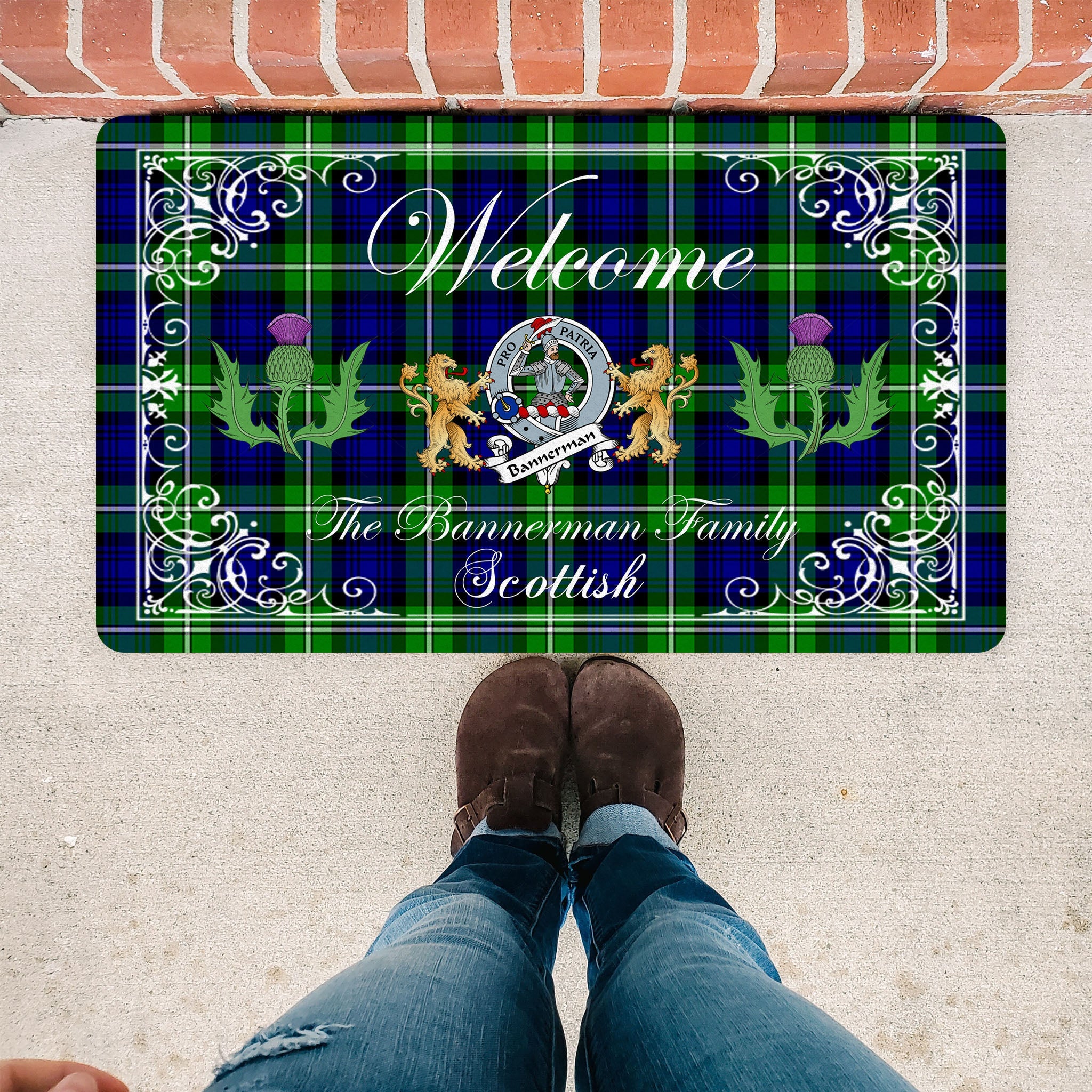 Scotstee Shop Tartan Door Mat Bannerman Clan Badge Tartan Scottish Plaid Doormat, Christmas Door Mat