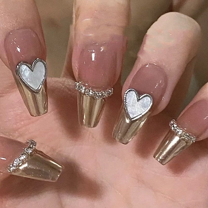 Gold Mirror and Pearl heart Press On Nails/Gold Fancy Nails/Princess Nails/Elegant Nail/ Cute girl Nails #26