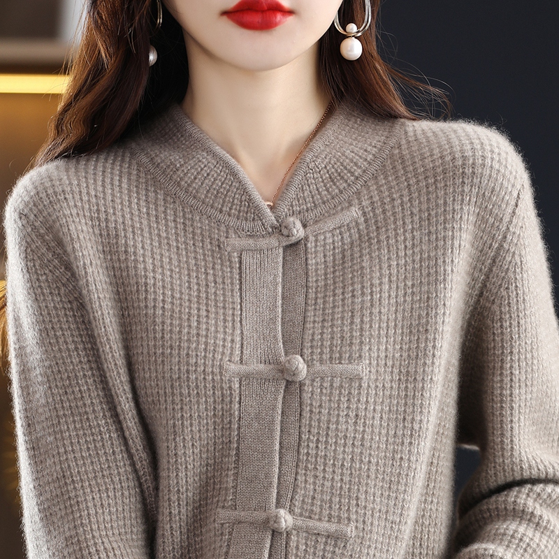 100% Pure Wool Cardigan Casual Knitted Half-high Collar Women China Knot Buckle Sweater Knitted Autumn Winter Cashmere Jacket alx