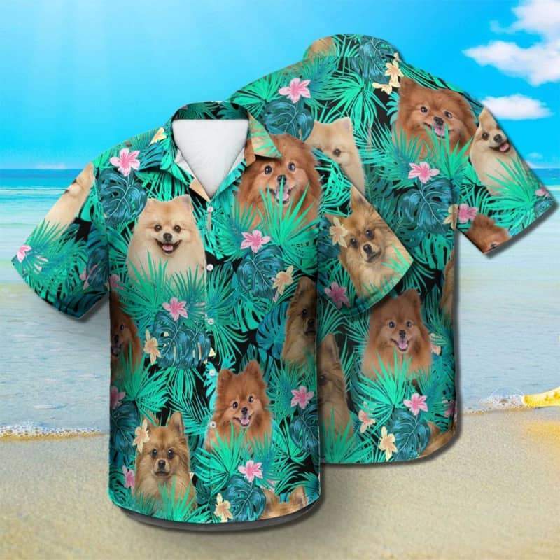 Pomeranian Hawaiian Shirt, Dog Summer Leaves Hawaiian Shirt, Unisex Print Aloha Short Sleeve Casual Shirt