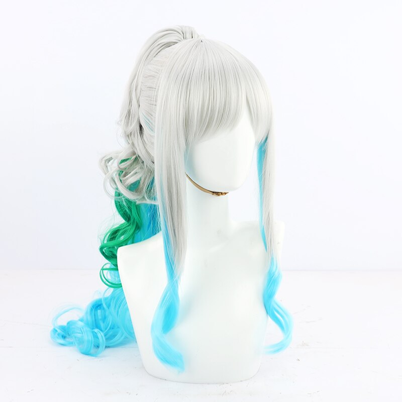 Anime One Piece Yamato Cosplay Wig 70cm Long Silver Blue Green Mixed Ponytail Halloween Costume Party Wigs + Free Wig Cap alx