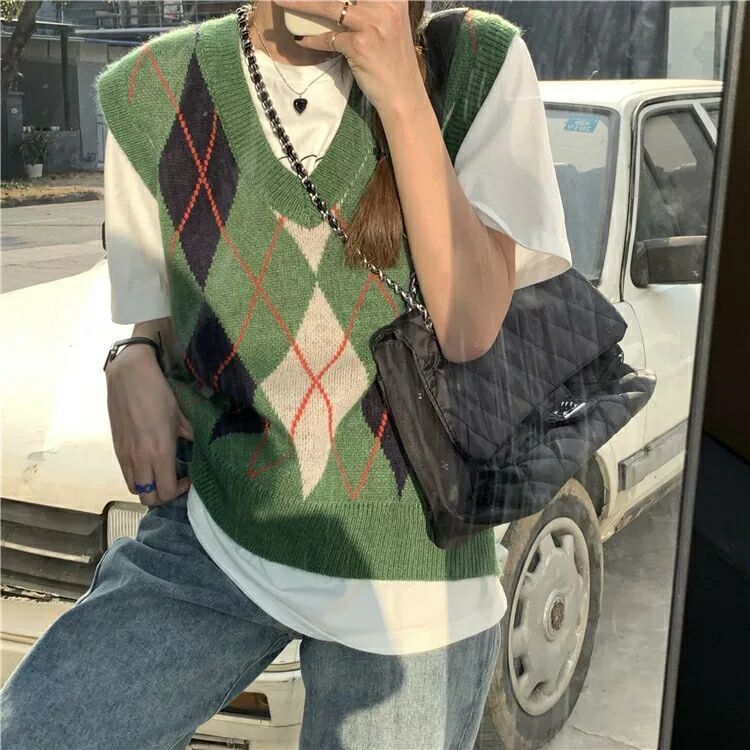 Women’s Sweater Vintage Plaid Vest Sweater Vest V-neck Oversized Sweater Sleeveless Tank College Style Knitting Pullover Top alx