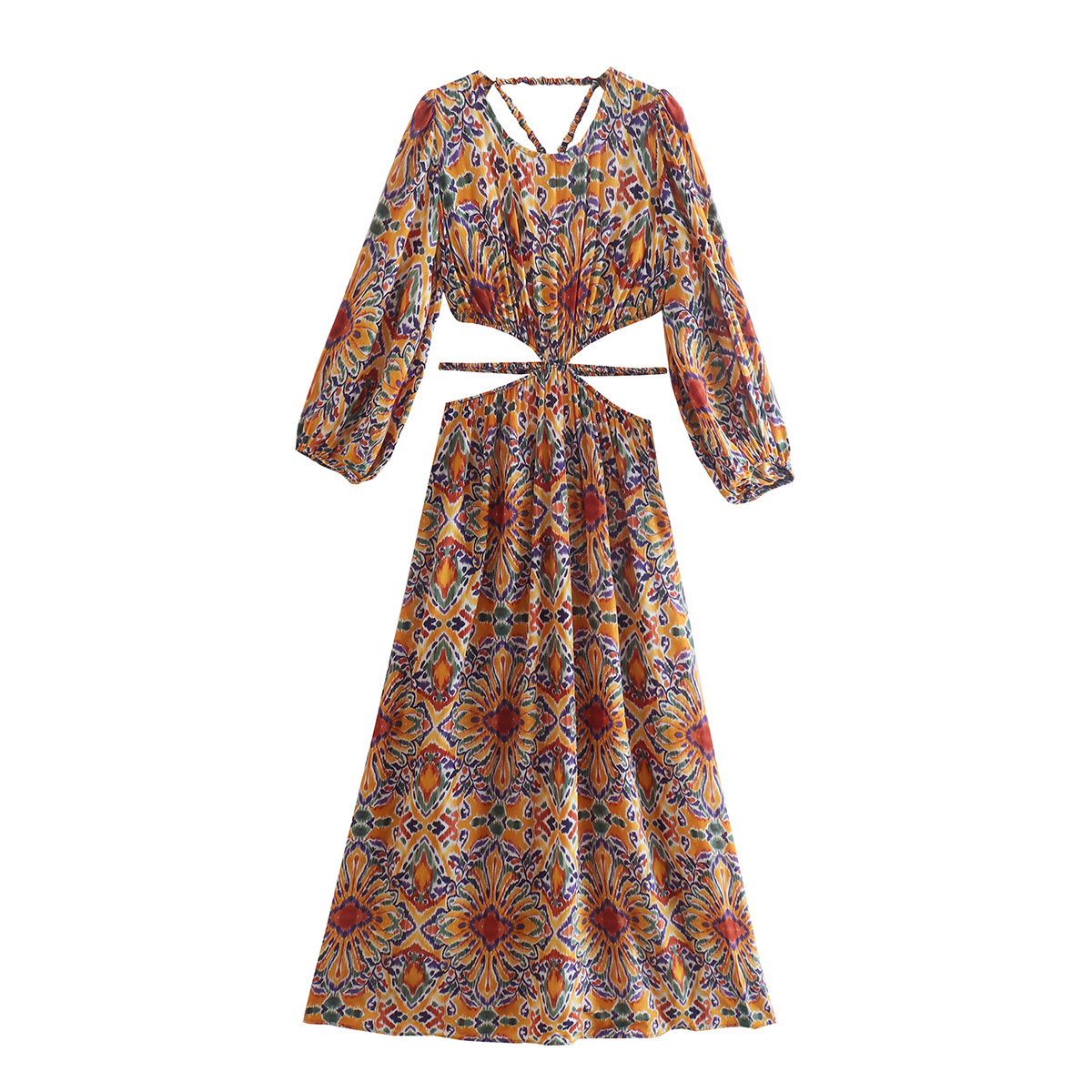 Women Dresses 2022 Long Sleeve Round Neck Vintage Print Bohemian Dress Waist Cut Out Sexy Open Back Strap Elegant Midi Dress alx