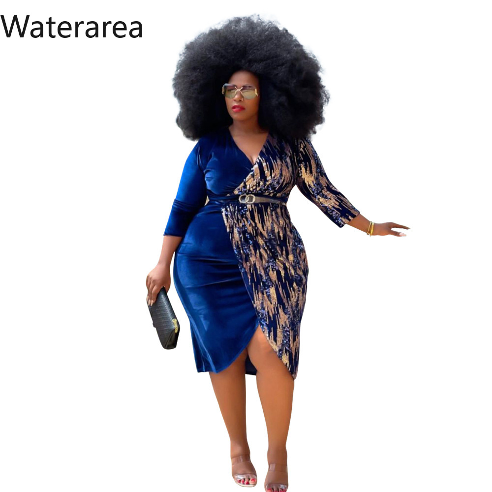 Waterarea Sexy V-Neck Sequins Plus Size Dress Fashion High Waist Pencil Dress Elegants African Dress Party Club Dress alx