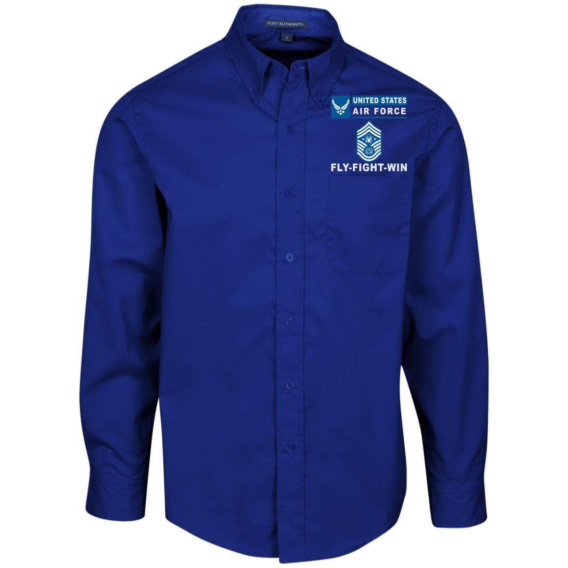 US Air Force E-9 Chief Master Sergeant Of The Air Force E9 CMSAF Noncommissioned Officer- Fly Flight Win Embroidered Men’s LS Dress Shirt