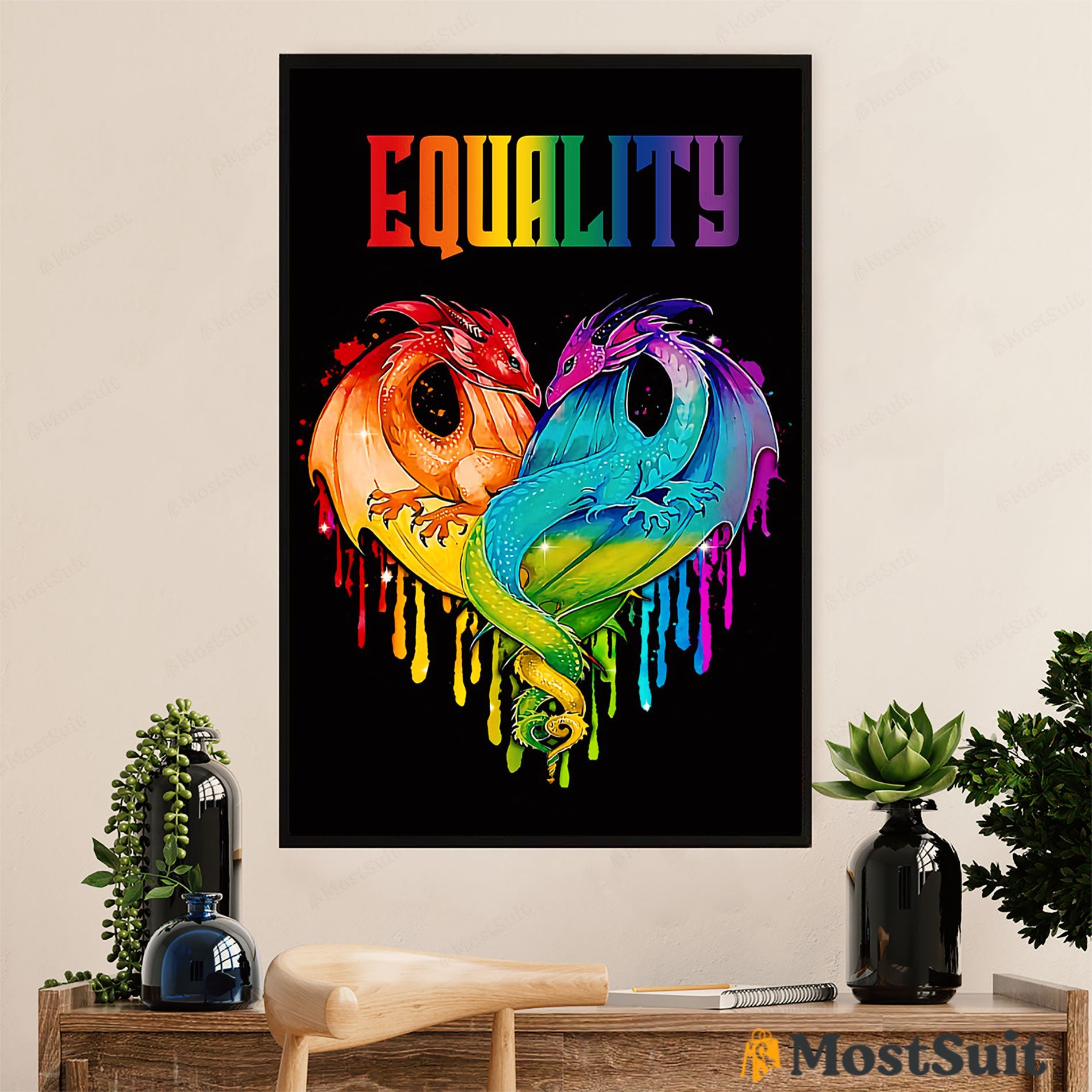 Personalized Couple’S Name Lgbt Gay Pride Month Poster Room Wall Art | Equality Dragon Gay Couple