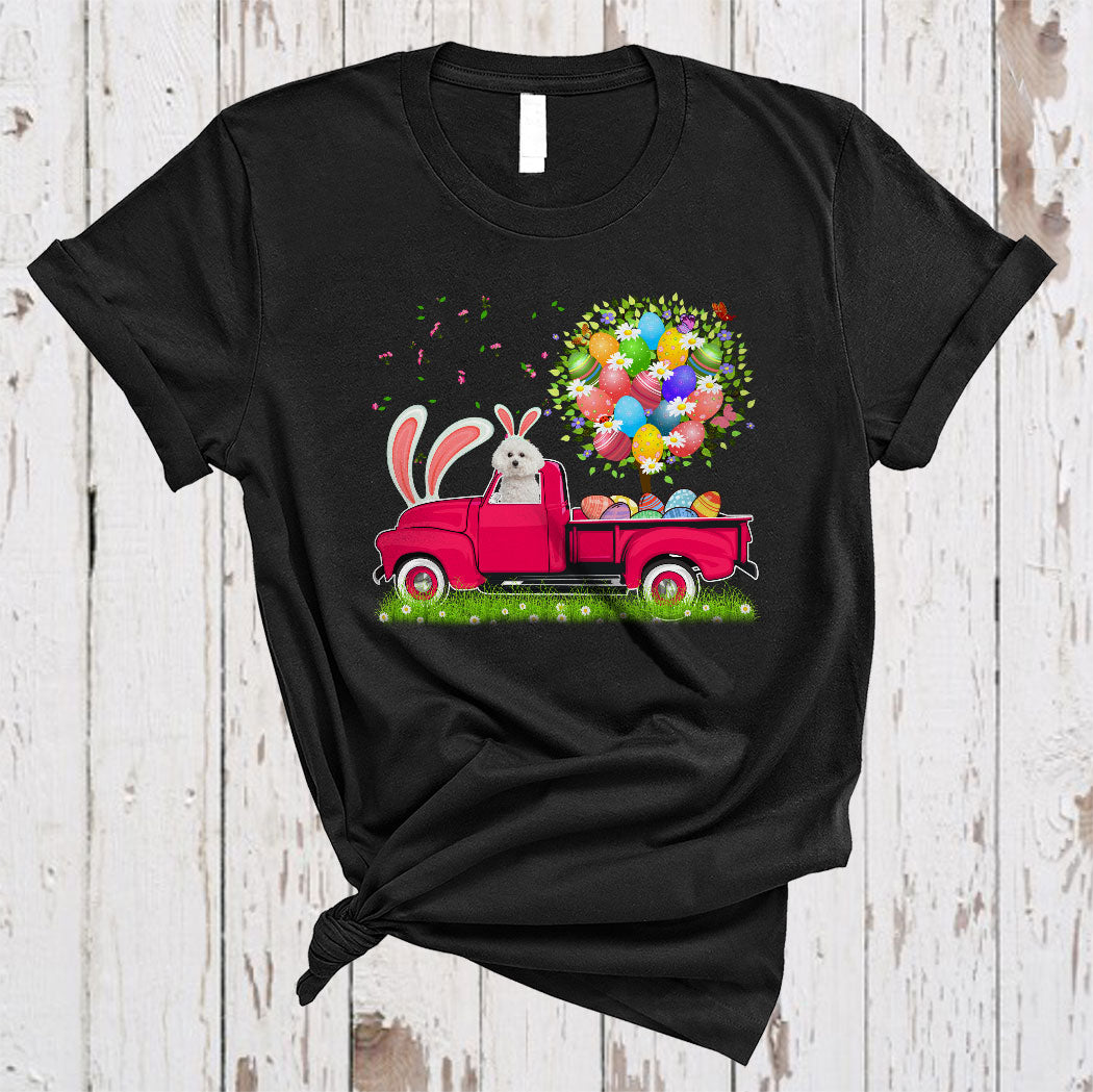 Bunny Bichon Frise Riding Pickup Truck Cute Easter Eggs Tree Flower Dog Lover Gifts T-Shirt