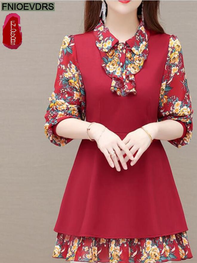 2022 New Women Retro Elegant Office Lady Vintage Loose Ruffles Peplum Tops Floral Faux Two Piece Long Tunic Basic Shirts Blouses alx